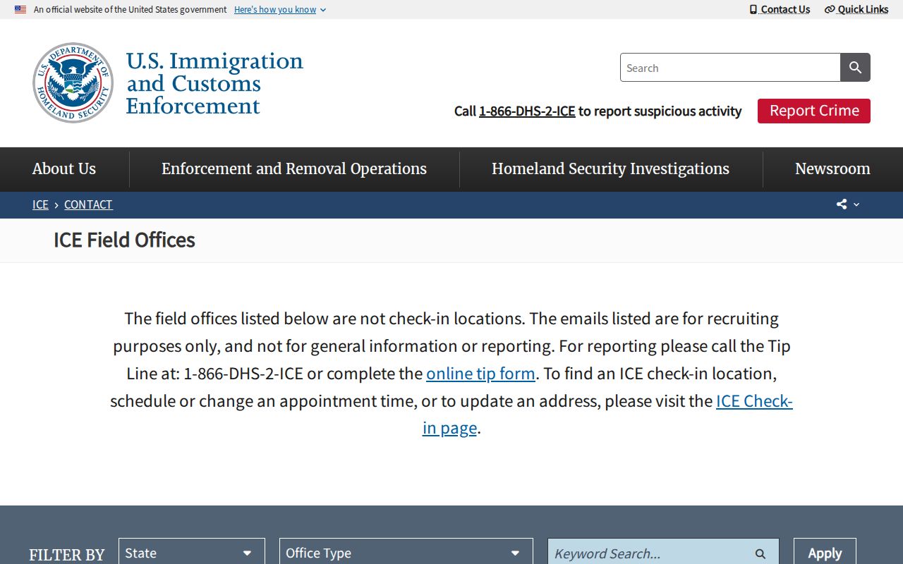 ICE field office directory for immigration custody questions
